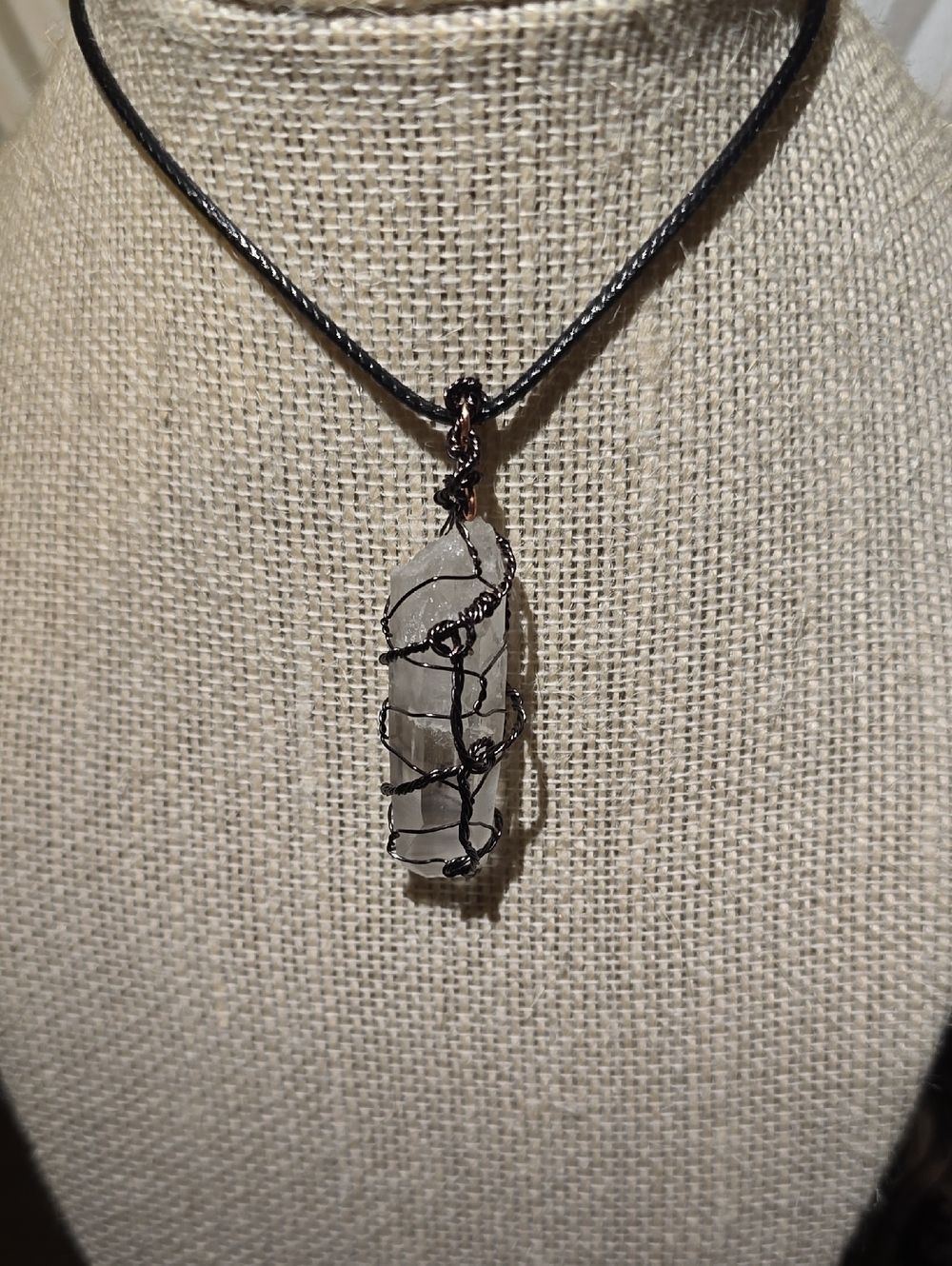 Handcrafted Lemurian Quartz Pendant with Black Wire Wrap (Reiki Healing Energy)